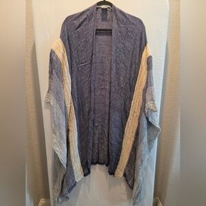 Blue White Striped Boho Kimono Cardigan Crochet Lace Panel Coastal Oversized